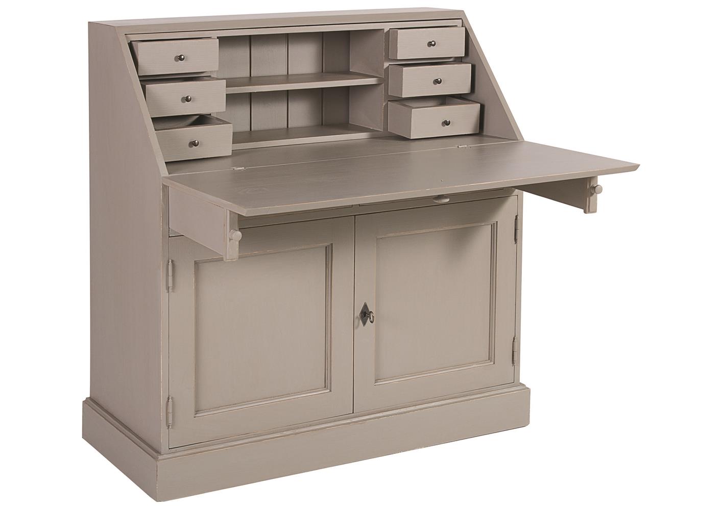 Secrétaire Oslo En Pin Massif Gris - Armoire De Bureau Avec Couvercle Chêne, Style Maison De Campagne, Dimensions 108x152x42 Cm