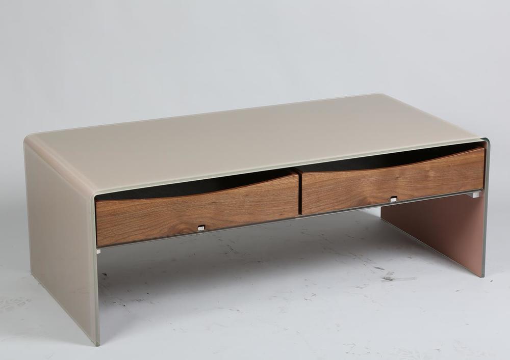 Table basse en verre laqué taupe 2 tiroir bois