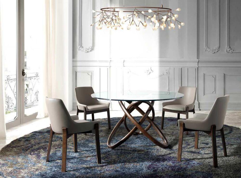 Table ronde plateau verre pied sculptural en noyer