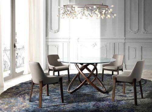 Table ronde plateau verre pied sculptural en noyer