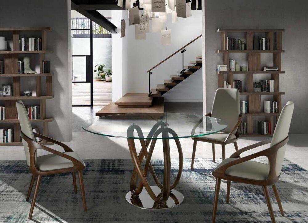 Table ronde plateau verre pied design en noyer 