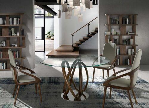 Table ronde plateau verre pied design en noyer 