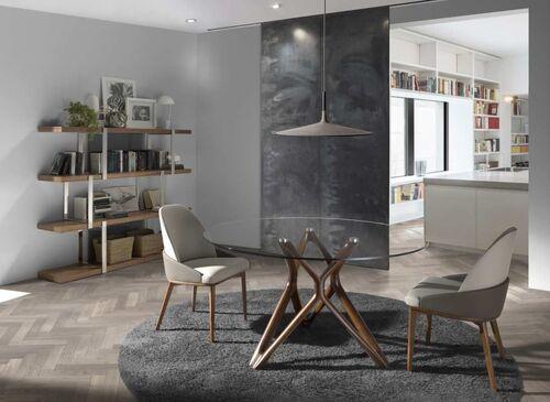 Table ronde plateau verre pied entremêlé en noyer 