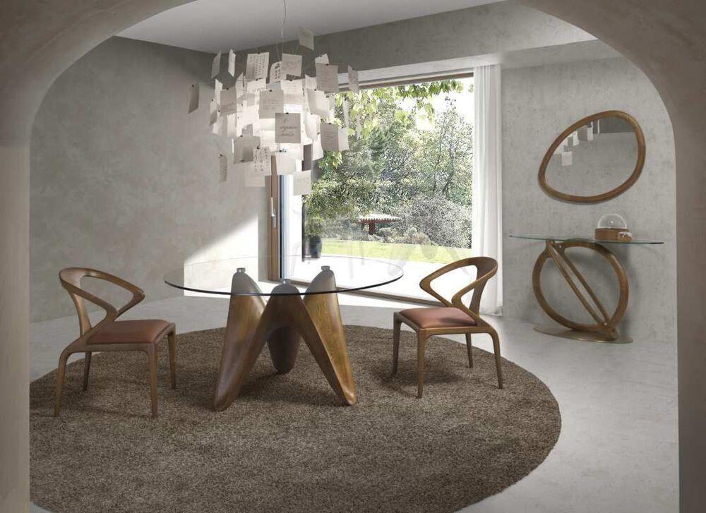 Table ronde plateau verre pied original en noyer 