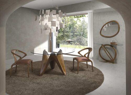 Table ronde plateau verre pied original en noyer 