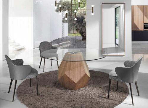 Table ronde plateau verre pied noyer à facette 