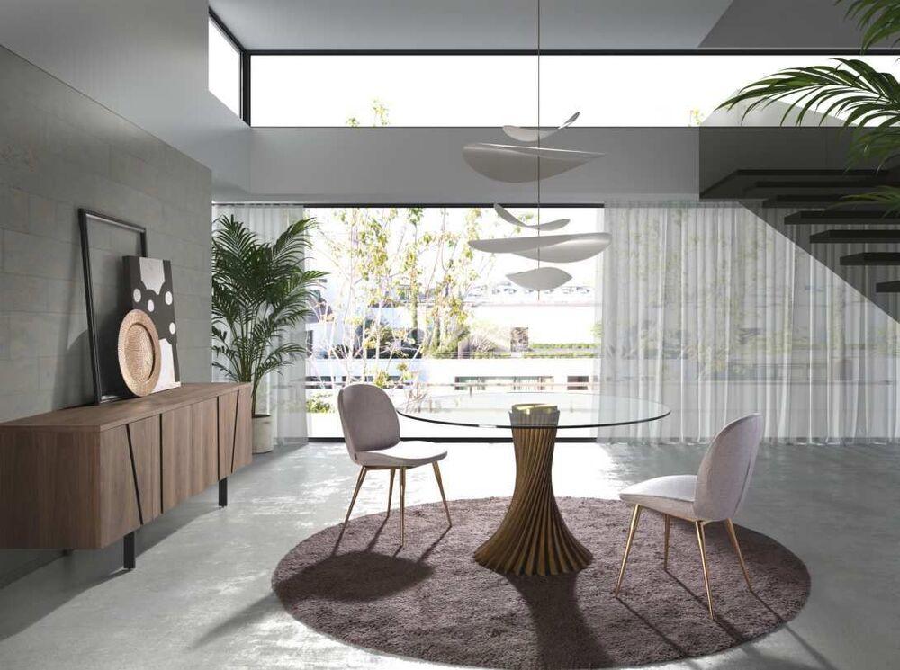 Table ronde plateau verre pied design sculpté en noyer 