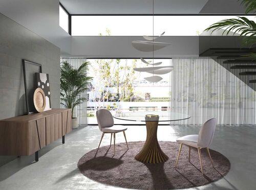 Table ronde plateau verre pied design sculpté en noyer 