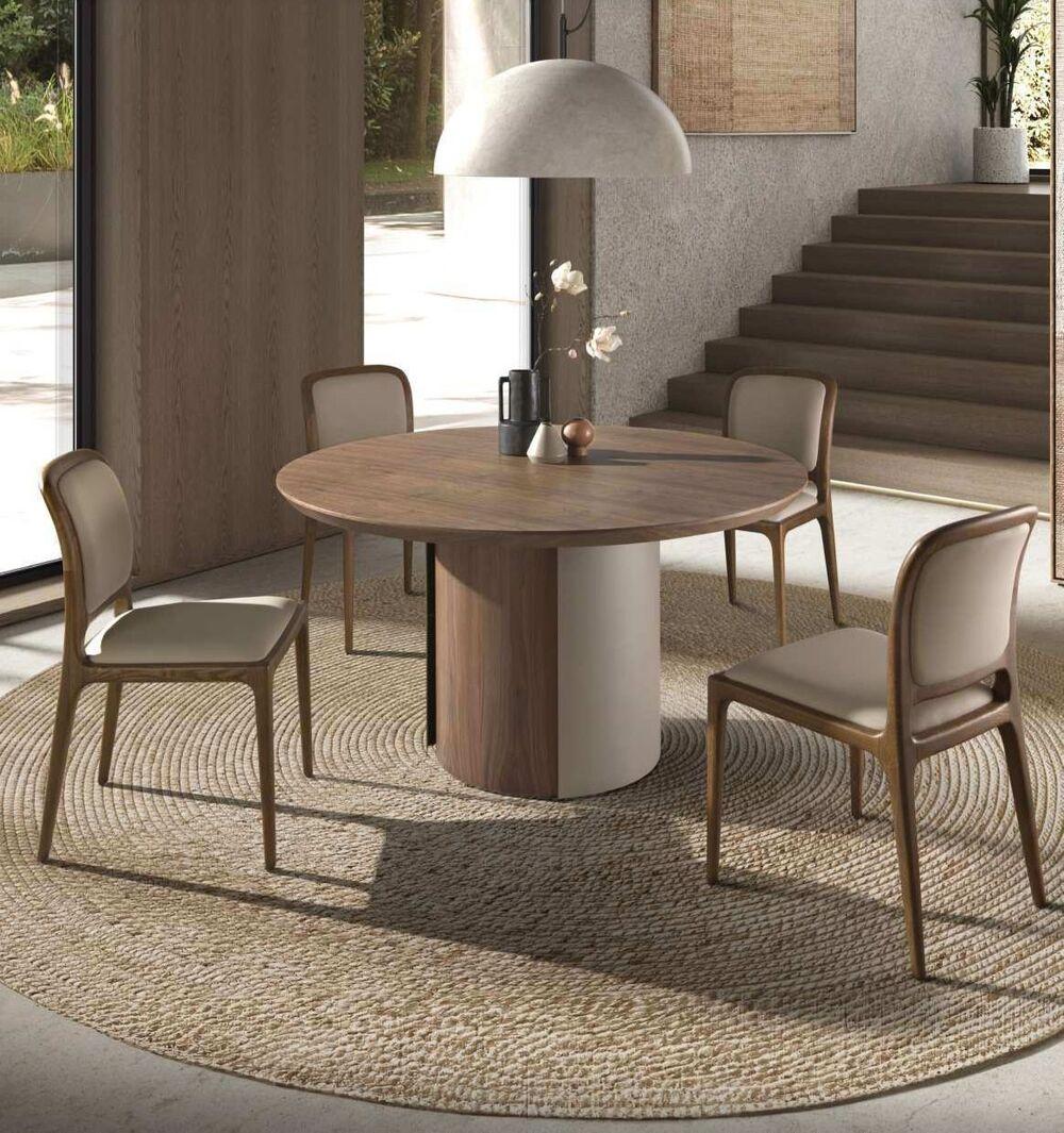 Table ronde plateau bois et pied bi matière acier et bois