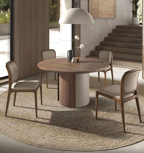 Table ronde plateau bois et pied bi matière acier et bois