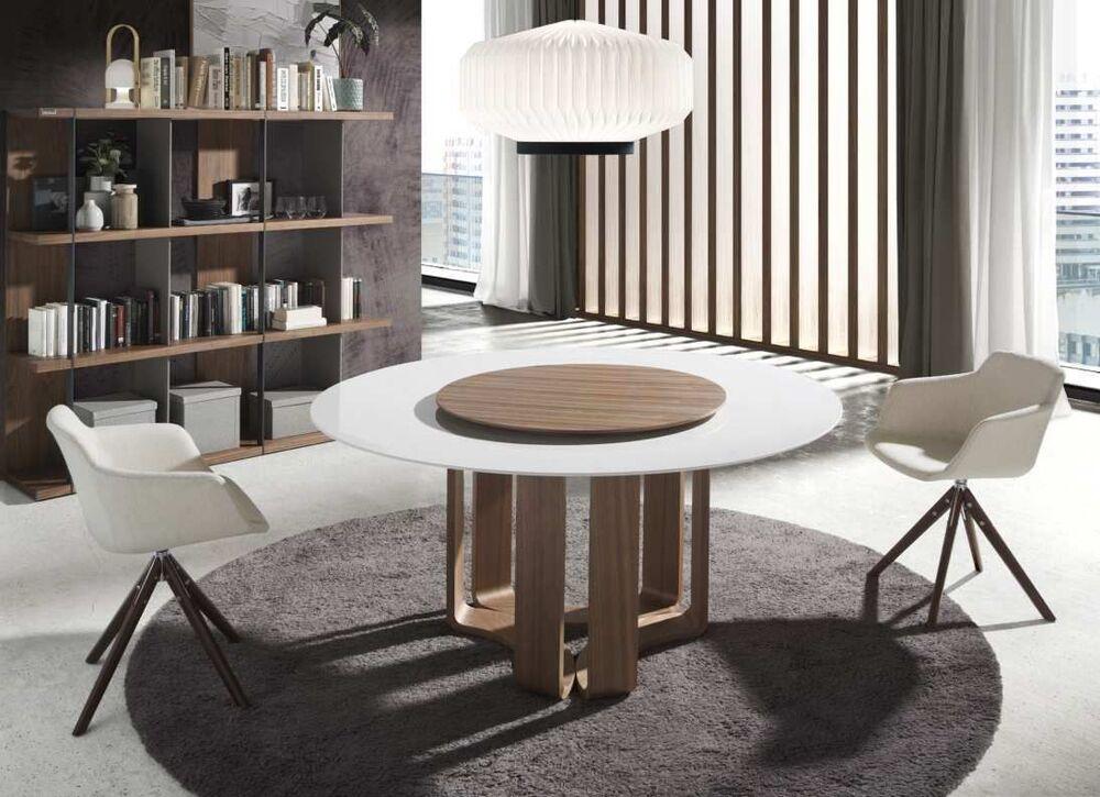 Table ronde design plateau marbre porcelaine pied noyer original 