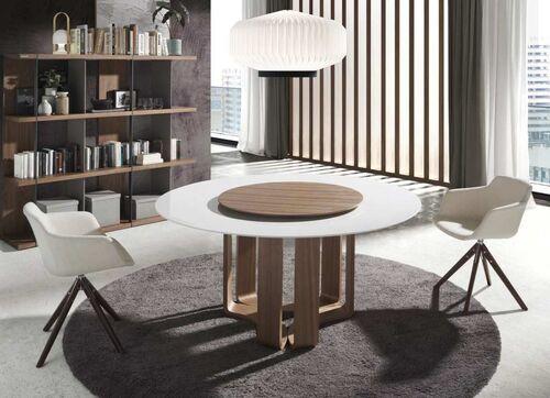 Table ronde design plateau marbre porcelaine pied noyer original 