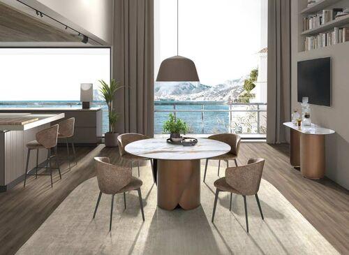 Table ronde plateau effet marbre blanc pied bronze 