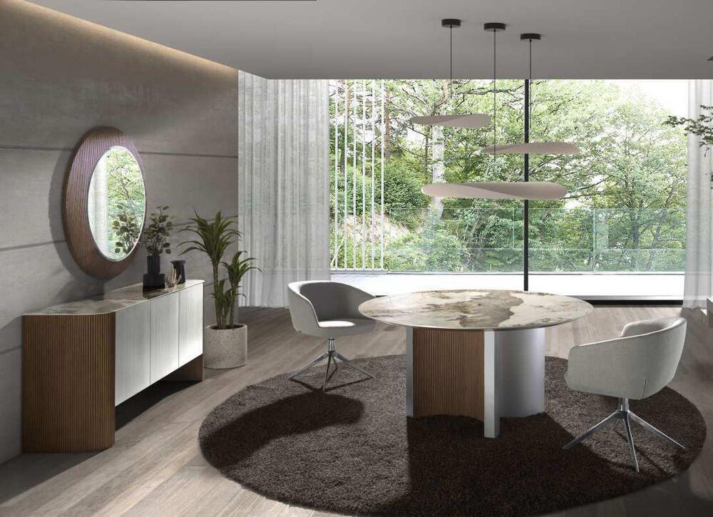 Table ronde plateau effet marbré pied design bicolore 