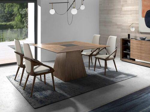 Table de repas carrée en noyer avec insert verre