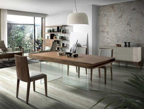 Table de repas en noyer avec pied design en verre 