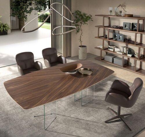 Table plateau tonneau en noyer pieds verre