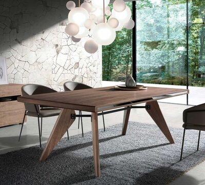 Table de repas en noyer avec détail en verre effet miroir 