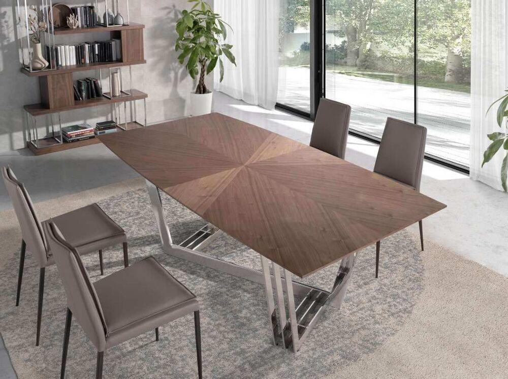 Table de repas plateau en noyer bords arrondis et pied original en acier chromé 