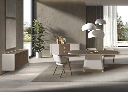 Table de repas contemporaine plateau noyer et pied finition dorée 