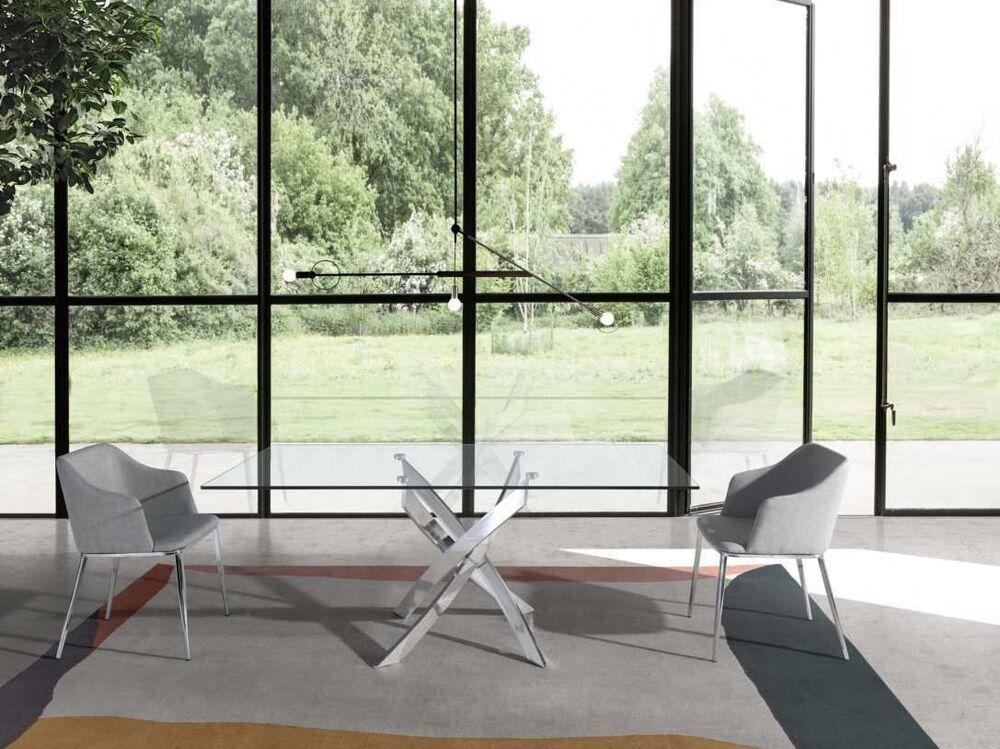 Table de repas en verre 3 finitions de pieds acier au choix : chromé, rose ou blanc 2