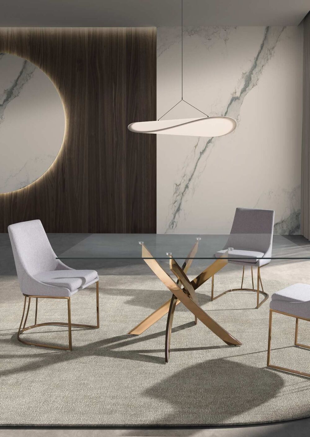 Table de repas en verre 3 finitions de pieds acier au choix : chromé, rose ou blanc 3