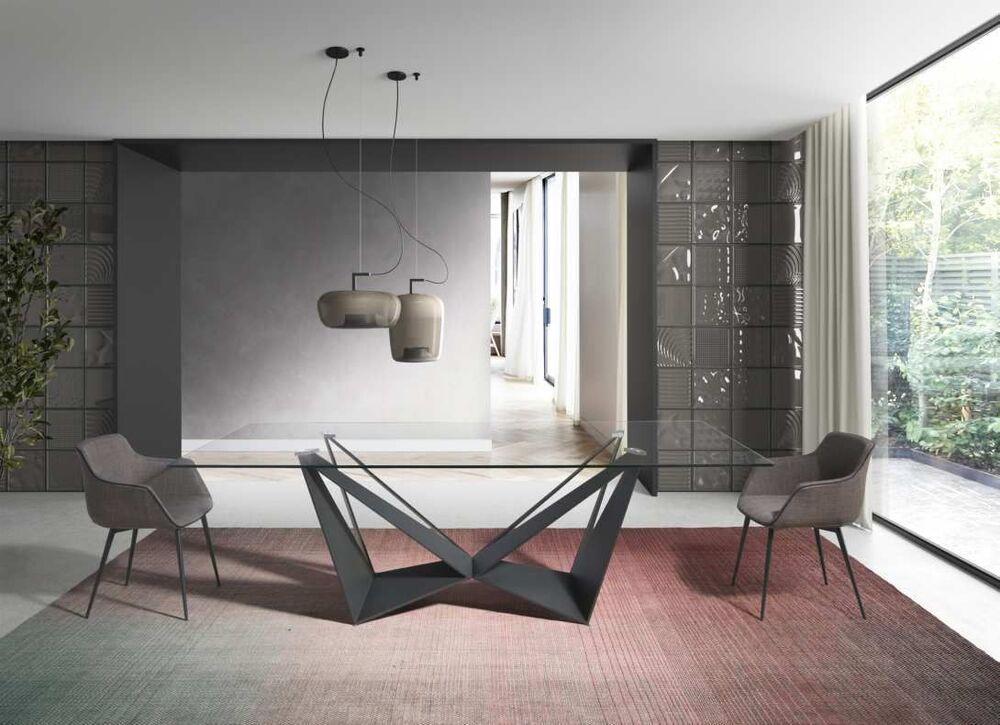 Table de repas plateau verre pied original en acier noir ou chromé  2