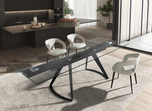 Table extensible plateau verre pieds fins géométrique en acier noir