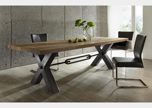 Table style atelier plateau chêne doré pieds métal