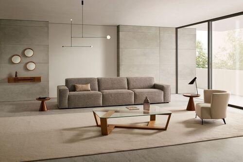 Table basse plateau verre pied sculptural en chêne