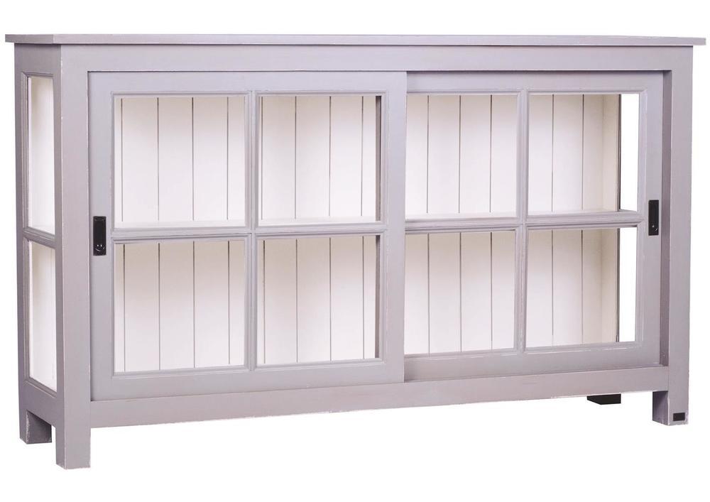 Meuble bas en pin 2 portes vitrées coulissantes 1