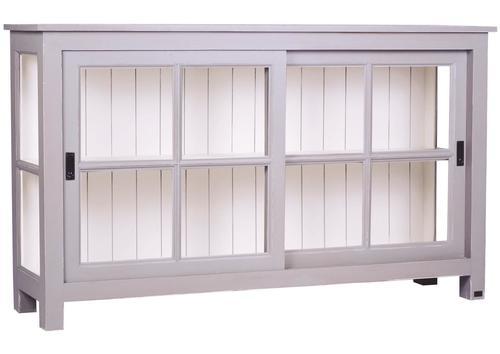 Meuble bas en pin 2 portes vitrées coulissantes