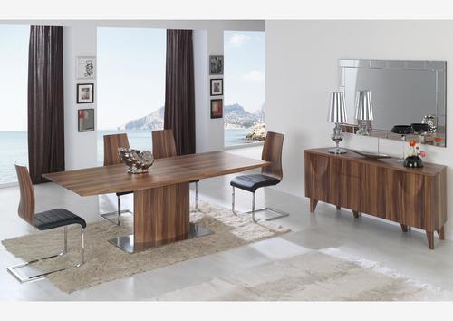 Table couleur noyer, pied central et allonge