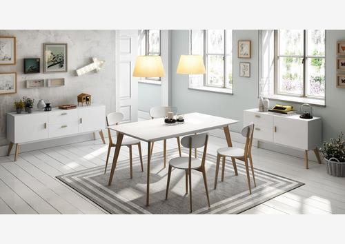 Table style rétro en mélaminée blanche, pieds chêne