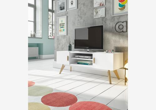 Meuble télé style rétro blanc 2 portes, 1 niche