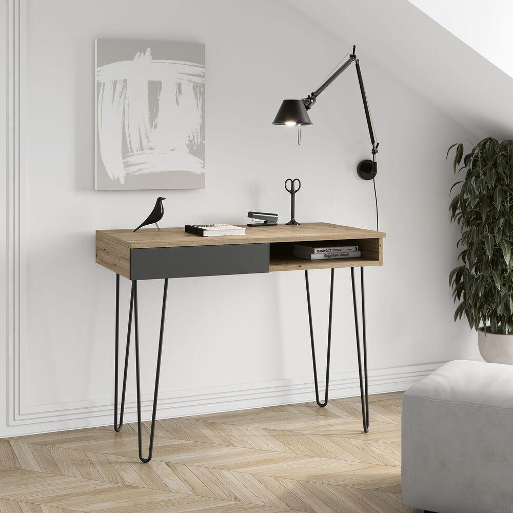 Bureau 1 tiroir 1 niche en bois avec de jolis pieds épingle en métal