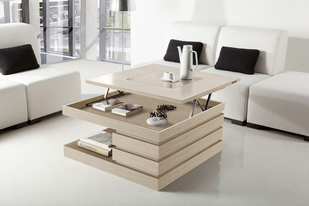 Table basse plateau carrée et relevable avec 2 tiroirs  2