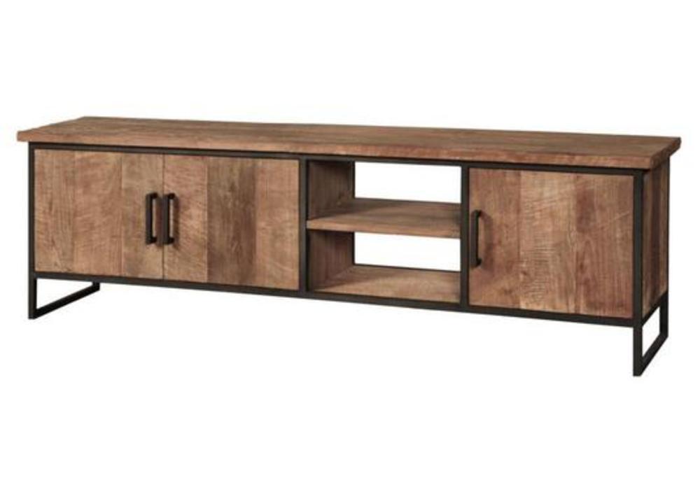 Meuble TV industriel avec portes et niches en teck 2