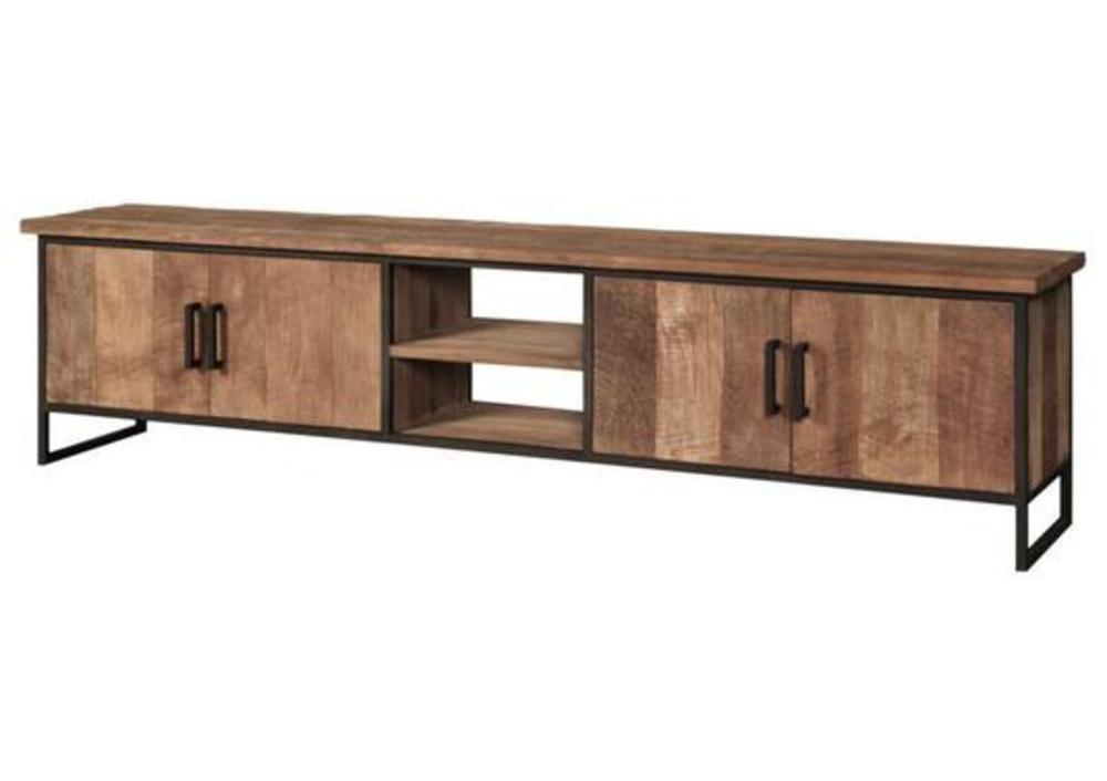Meuble TV industriel avec portes et niches en teck 3