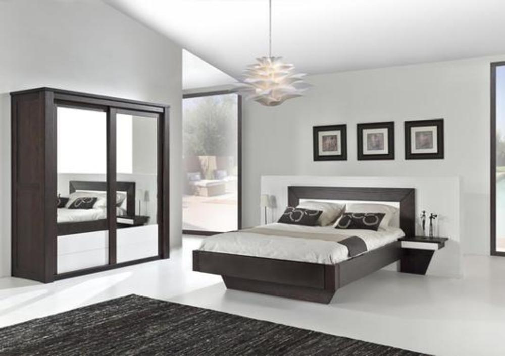 Lit double couchage 140 x 190 cm en pin massif tête de lit brossé avec chevets attenants 2