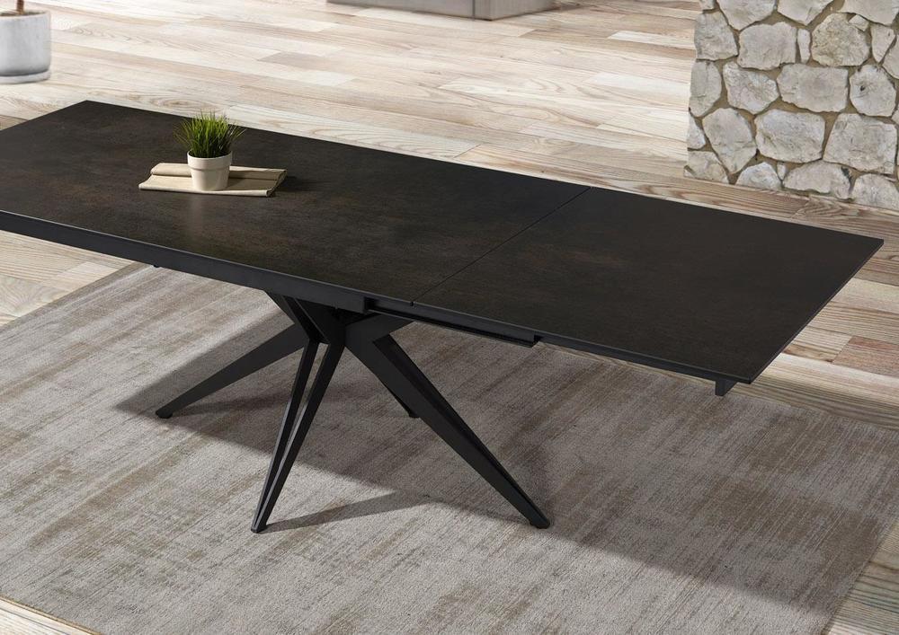 Table rectangulaire plateau céramique pied épingle en croix métal 2