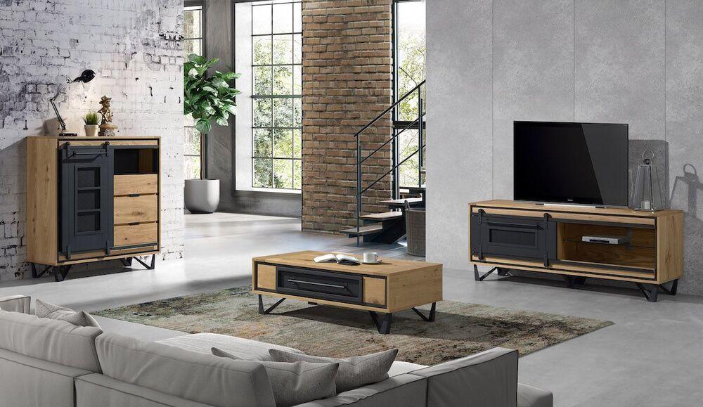 Meuble TV industriel en bois avec porte coulissante en métal  1