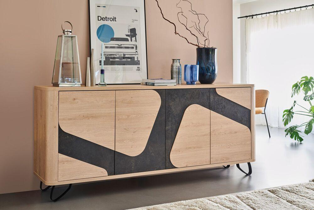 Enfilade 4 portes au design unique et au rangement astucieux