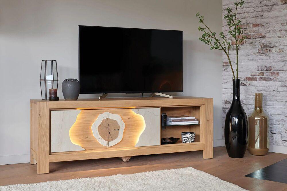 Meuble TV 2 portes bois et céramique 