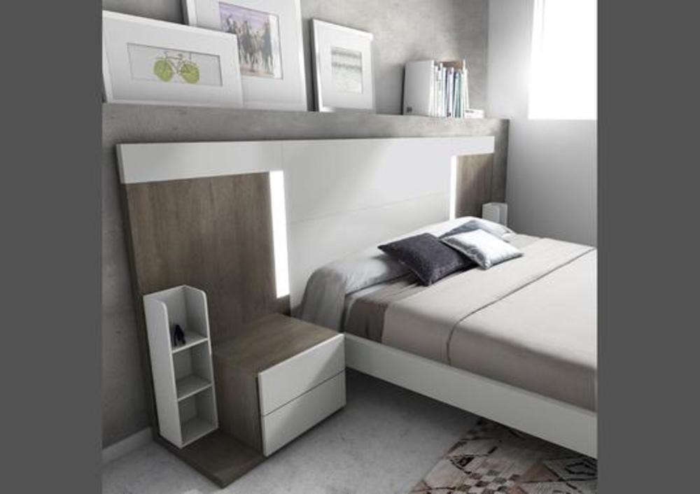 Chambre à coucher moderne lit, tête de lit, chevets et commode coloris gris laqué et frêne. 2