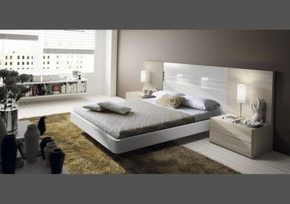 Chambre de style contemporaine, lit, tête de lit, blocs chevet / commode coloris havane et laqué blanc 3