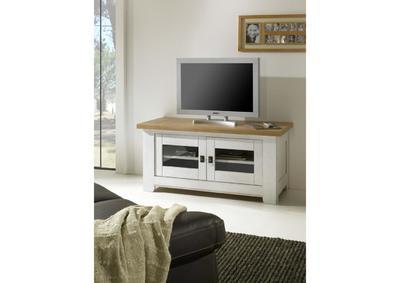 Meuble TV en chêne bicolor blanc et vernis portes vitrée