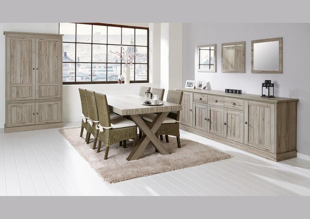 Table de salle en mélaminé effet patiné pieds croix