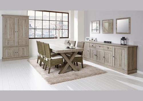 Table de salle en mélaminé effet patiné pieds croix