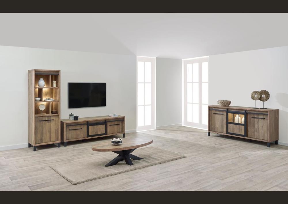 Grand meuble TV indus 3 portes 2 battantes 1 coulissante 2